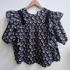 dRA Los Angeles Anthropologie Floral Black Gold layered Puff Sleeve Tops M Boho